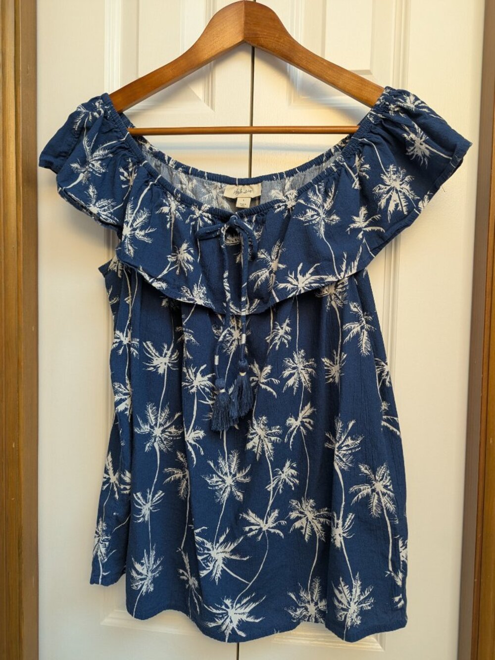 Style & Co Tropical Blue Palm Print Ruffle Top Tassels Size L Vacation Coastal